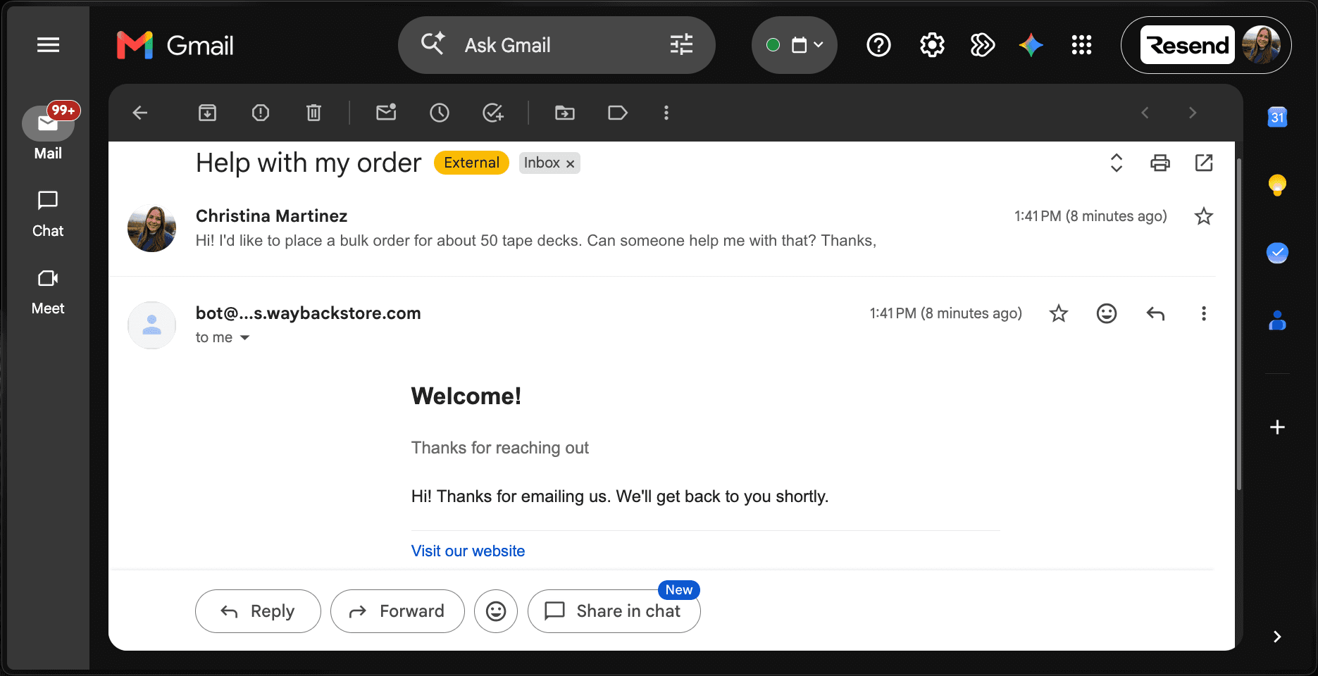 A card rendered in an email inbox